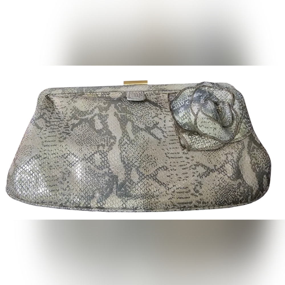 Vintage Spiegal Elegant Genuine Leather Snakeskin Clutch with Rose Detail